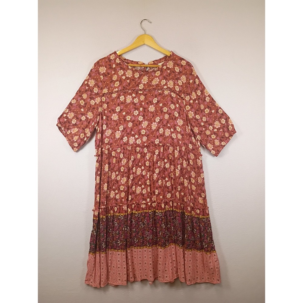 Boho Cottagecore Knox Rose Women Large Terracotta Floral Tiered Babydoll Dress